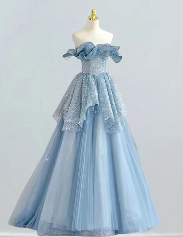 Women's Blue Strapless Sequin Tulle Evening Gown | Prom & Bridesmaid Dress