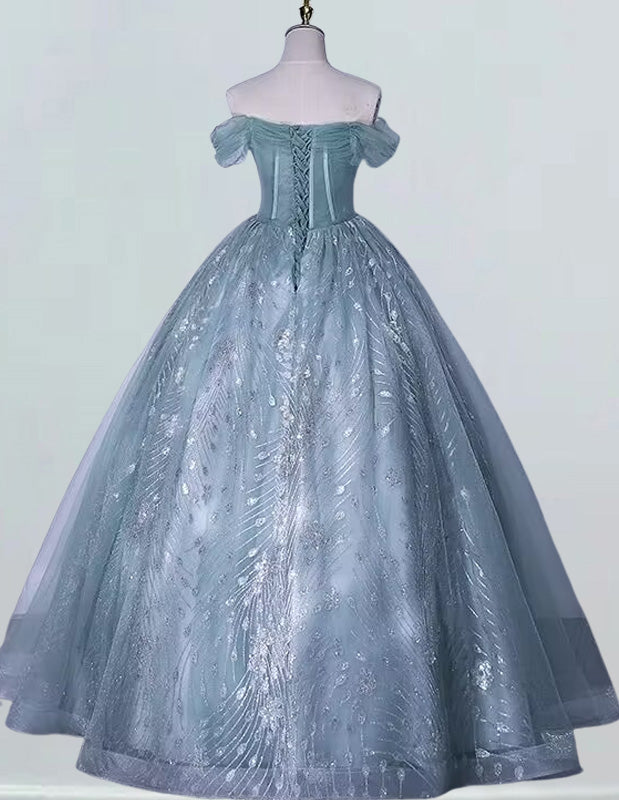 Women's Silver Lace Off-Shoulder Tulle Ball Gown | Elegant Evening & Prom Dress