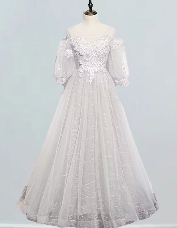 Women's Off-Shoulder Tulle Prom Gown with Lace Applique, Elegant Evening Dress