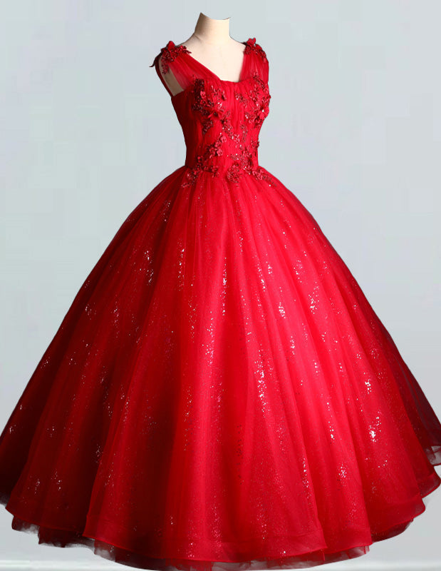 Elegant Red Lace V-Neck Prom Dress | Applique Ball Gown for Girls
