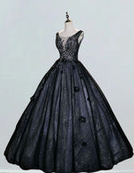 Black v neck lace applique prom dress ball gown pleated long evening dress gown floor length wedding gown