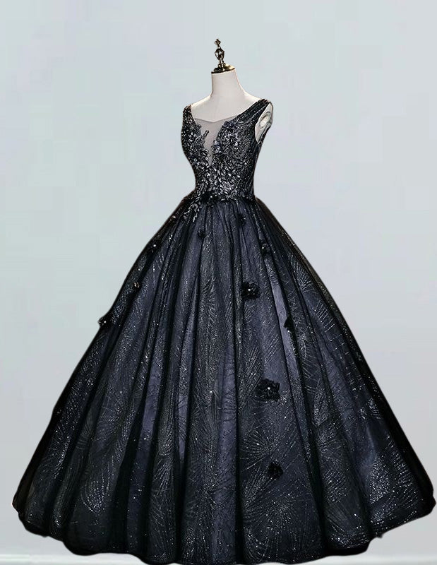 Black v neck lace applique prom dress ball gown pleated long evening dress gown floor length wedding gown