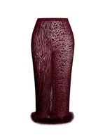 Halia Burgundy Animal Print Burnout Velvet Fur Trim Skirt Miss Circle