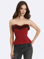 Ivette Crimson Fur-Trimmed Peplum Top Miss Circle