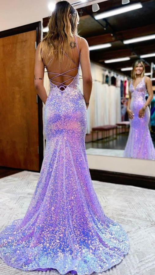 Glitter v neck backless mermaid prom dress court train sparkle sequin evening gown