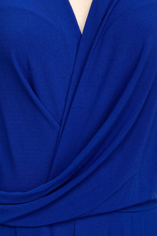 Emma & Michele V - Neck Cap Sleeve Draped Ruched Solid Keyhole Back ITY Jumpsuit with Pockets - Glamourous Grace