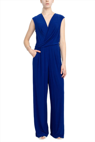 Emma & Michele V - Neck Cap Sleeve Draped Ruched Solid Keyhole Back ITY Jumpsuit with Pockets - Glamourous Grace