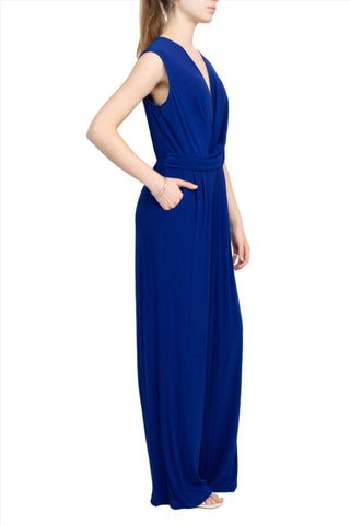 Emma & Michele V - Neck Cap Sleeve Draped Ruched Solid Keyhole Back ITY Jumpsuit with Pockets - Glamourous Grace