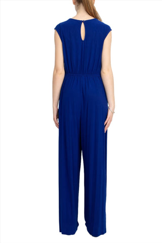 Emma & Michele V - Neck Cap Sleeve Draped Ruched Solid Keyhole Back ITY Jumpsuit with Pockets - Glamourous Grace