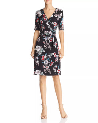 Adrianna Papell Surplice Neck Short Sleeve Floral Print Tie Side Rayon Jersey Faux Wrap Dress - By Baano