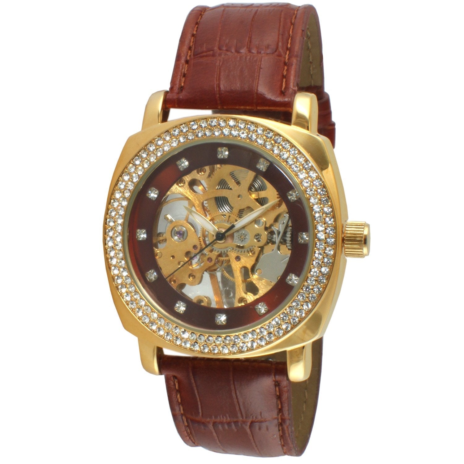 Women's Mechanical Skeleton Watch with Crystal Bezel & Brown Leather Band Peugeot Watches