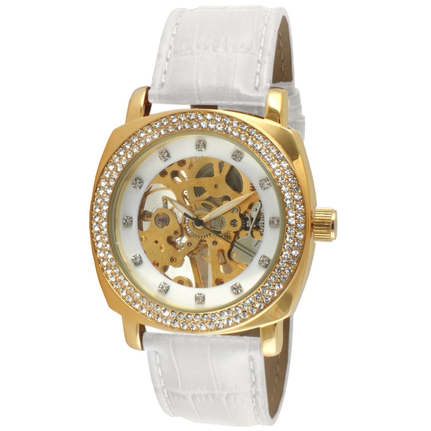 Women's Mechanical Skeleton Watch with Crystal Bezel & White Leather Band Peugeot Watches