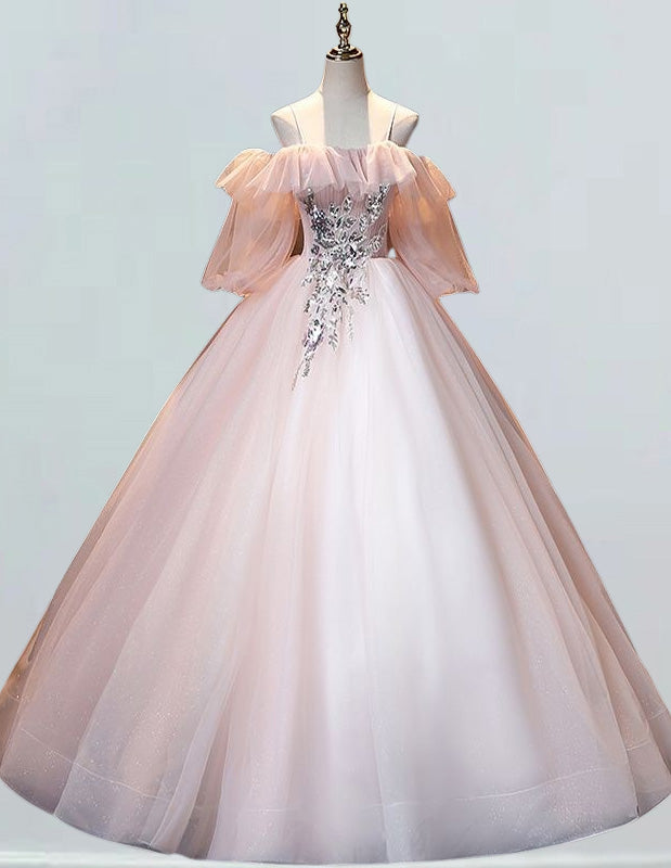 Pink Off Shoulder Tulle Quinceanera Dress - Girls' Elegant Evening Gown