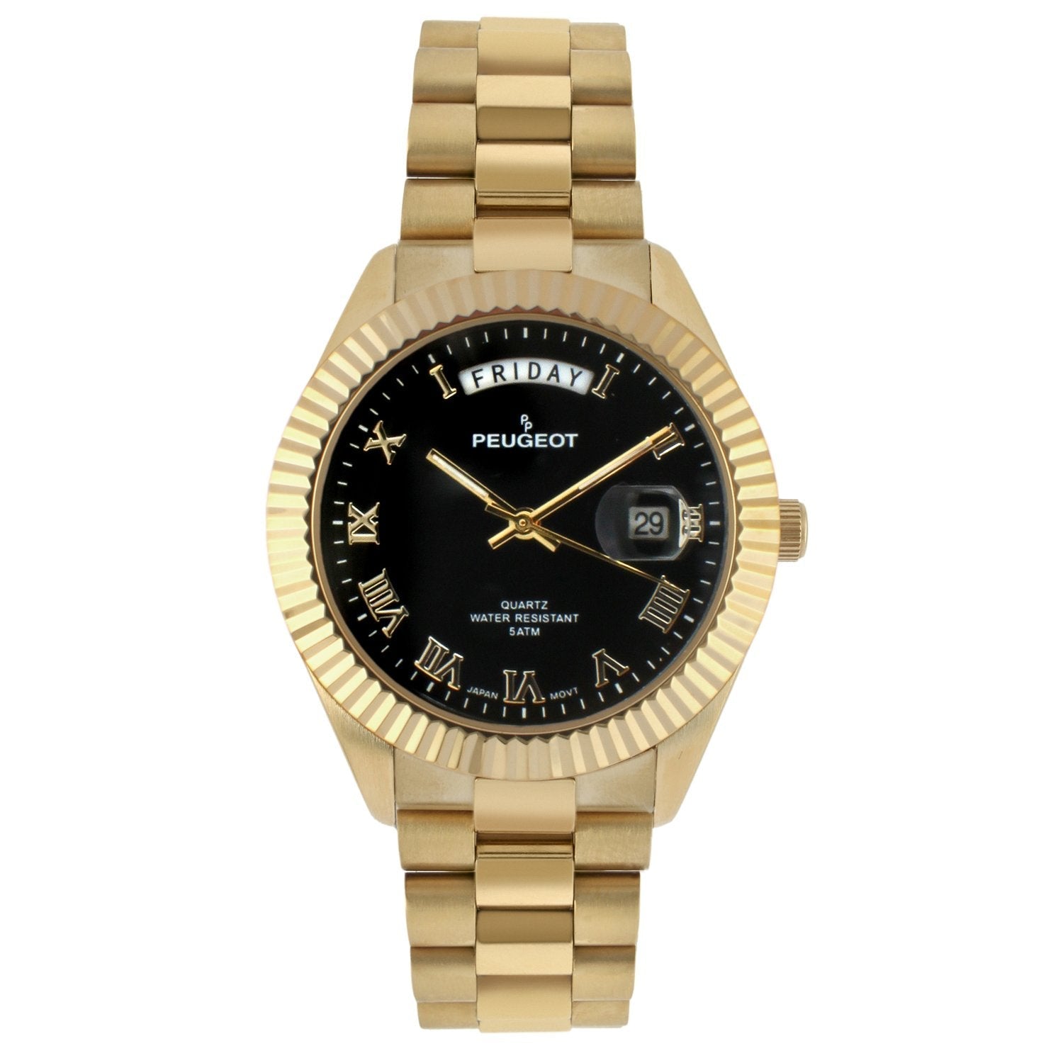 Men's 40mm Black Face Fluted Bezel Gold Bracelet Watch Peugeot Watches