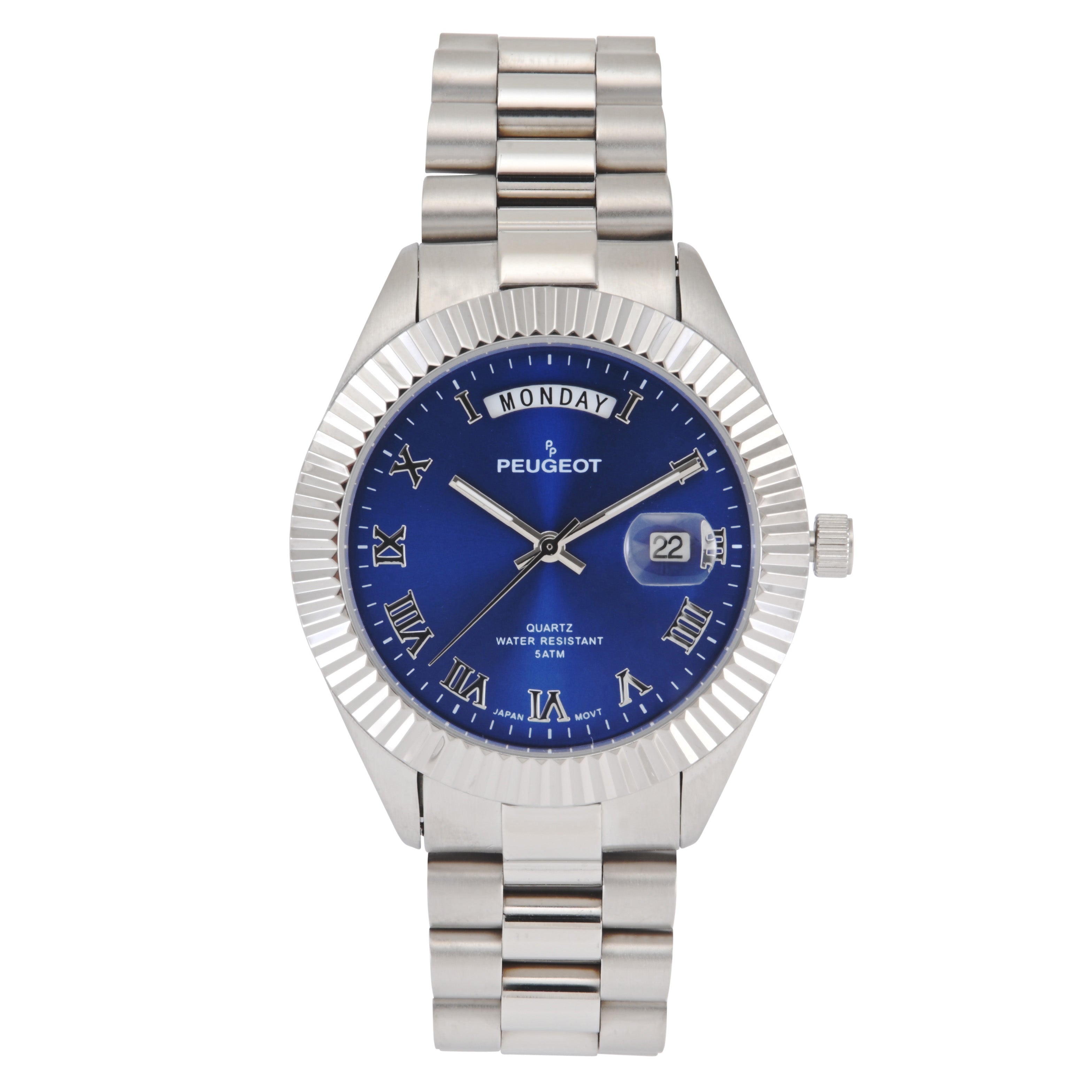 Men's 40mm Blue Face Fluted Bezel Steel Bracelet Watch
