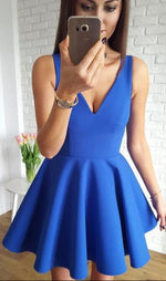 Royal blue v neck cocktail dress short mini satin prom gown evening party dress