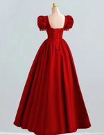 Women's Red Satin Prom Gown Puff Sleeves Square Neckline Evening Dress