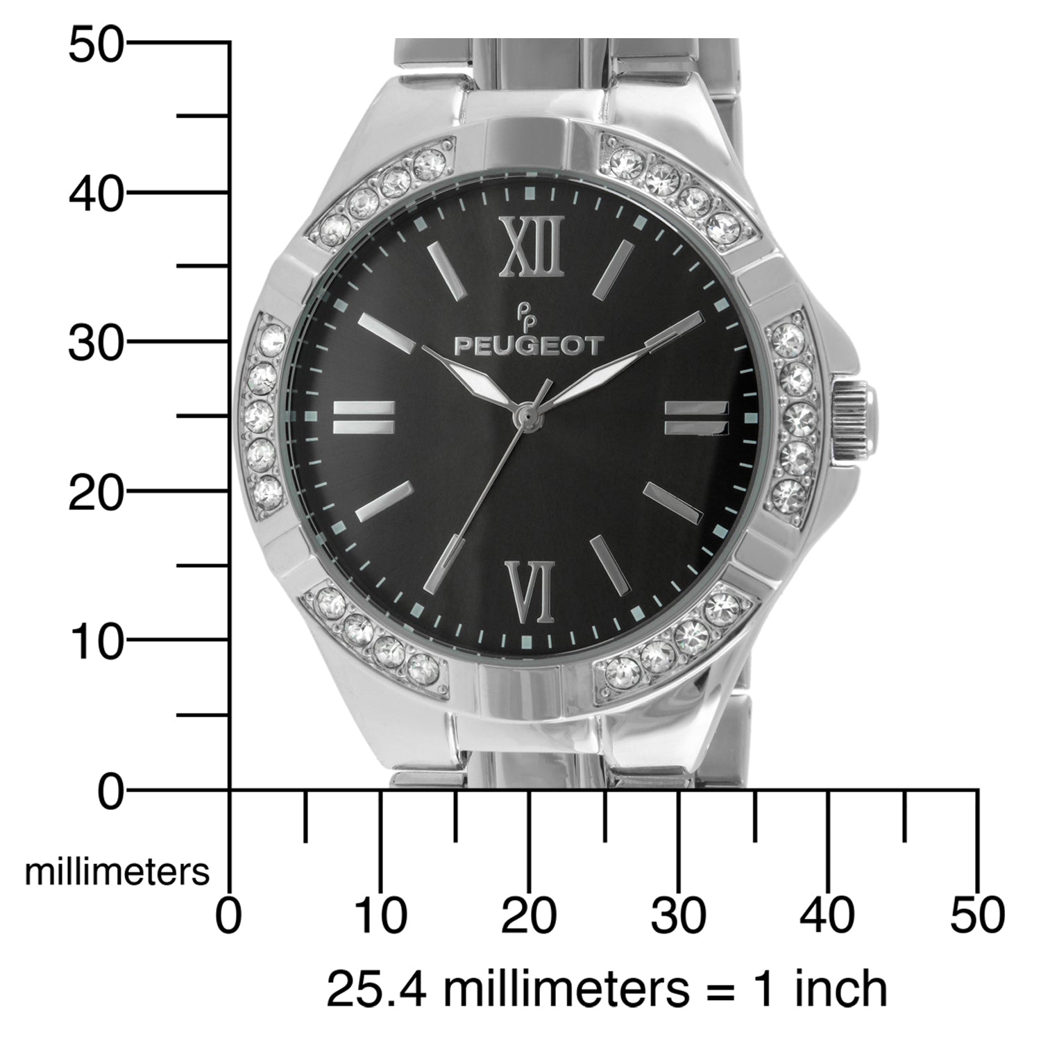 Womens 40mm Round Silver-Tone Crystal Accented Bracelet Watch Peugeot Watches