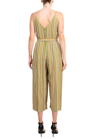 Emma & Michele Banded Strap V - Neck Side Button Zipper Back Tie Waist Stripe Print Crepe Jumpsuit - Glamourous Grace