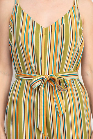 Emma & Michele Banded Strap V - Neck Side Button Zipper Back Tie Waist Stripe Print Crepe Jumpsuit - Glamourous Grace