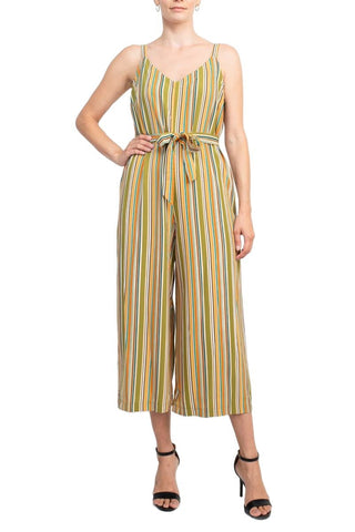 Emma & Michele Banded Strap V - Neck Side Button Zipper Back Tie Waist Stripe Print Crepe Jumpsuit - Glamourous Grace