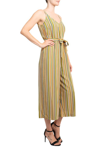 Emma & Michele Banded Strap V - Neck Side Button Zipper Back Tie Waist Stripe Print Crepe Jumpsuit - Glamourous Grace