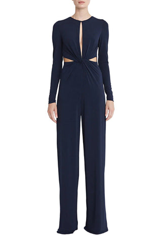Halston Crew Neck Long Sleeve Keyhole Crossed Front Waist Cutout Solid Jersey Jumpsuit - By Baano