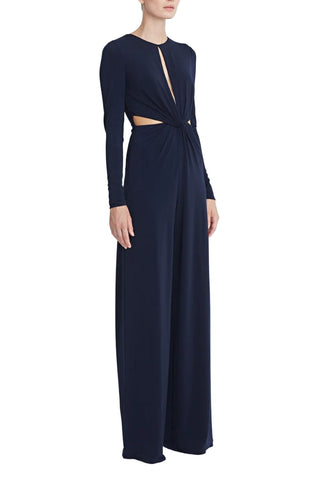 Halston Crew Neck Long Sleeve Keyhole Crossed Front Waist Cutout Solid Jersey Jumpsuit - By Baano