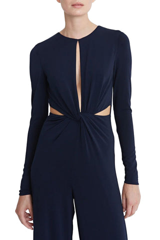 Halston Crew Neck Long Sleeve Keyhole Crossed Front Waist Cutout Solid Jersey Jumpsuit - By Baano