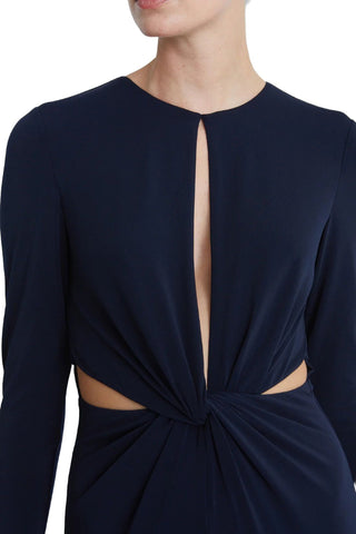 Halston Crew Neck Long Sleeve Keyhole Crossed Front Waist Cutout Solid Jersey Jumpsuit - By Baano