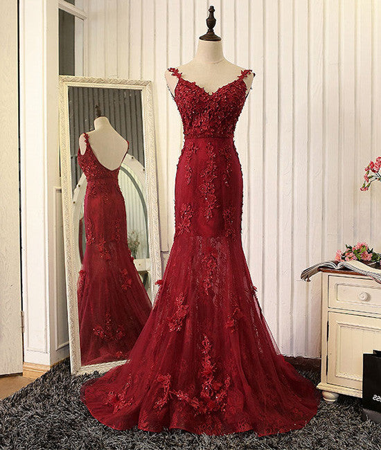 Burgundy v neck lace mermaid prom dress wedding bridal dress beading formal gown