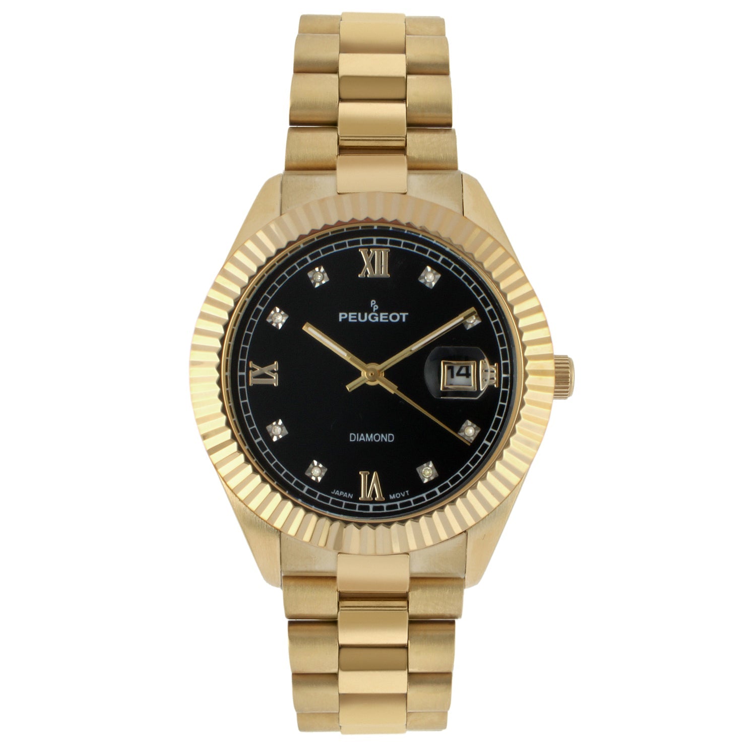 Men's 40mm Black Dial 14K Gold Plated Genuine Diamond Dial Watch