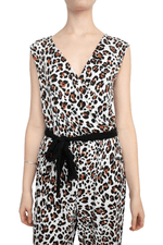 Emma & Michele V - Neck Elastic Waist Sleeveless Tie Waist Animal Print ITY Jumpsuit - Glamourous Grace