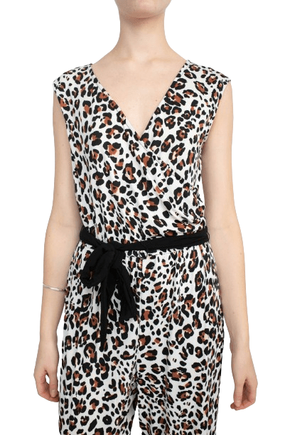 Emma & Michele V - Neck Elastic Waist Sleeveless Tie Waist Animal Print ITY Jumpsuit - Glamourous Grace