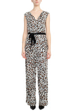 Emma & Michele V - Neck Elastic Waist Sleeveless Tie Waist Animal Print ITY Jumpsuit - Glamourous Grace