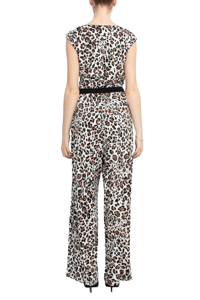 Emma & Michele V - Neck Elastic Waist Sleeveless Tie Waist Animal Print ITY Jumpsuit - Glamourous Grace