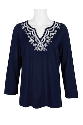 Evan Picone Embellished V-Neck Long Sleeve Solid Cotton Top - By Baano
