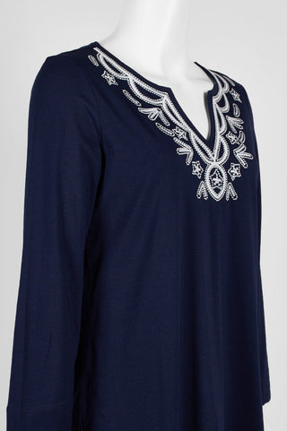 Evan Picone Embellished V-Neck Long Sleeve Solid Cotton Top - By Baano