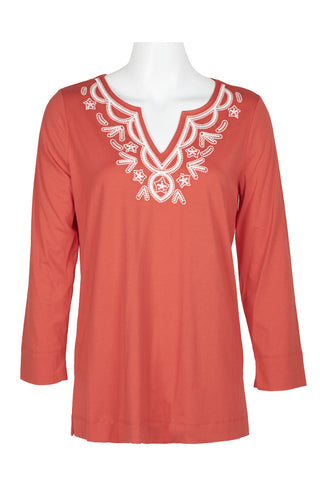 Evan Picone Embellished V-Neck Long Sleeve Solid Cotton Top - By Baano