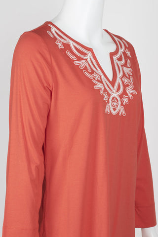Evan Picone Embellished V-Neck Long Sleeve Solid Cotton Top - By Baano