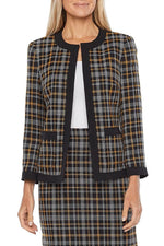 Black Label by Evan Picone Open Front Long Sleeve 2 Front Slip Pockets Plaid Woven Jacket - Glamourous Grace