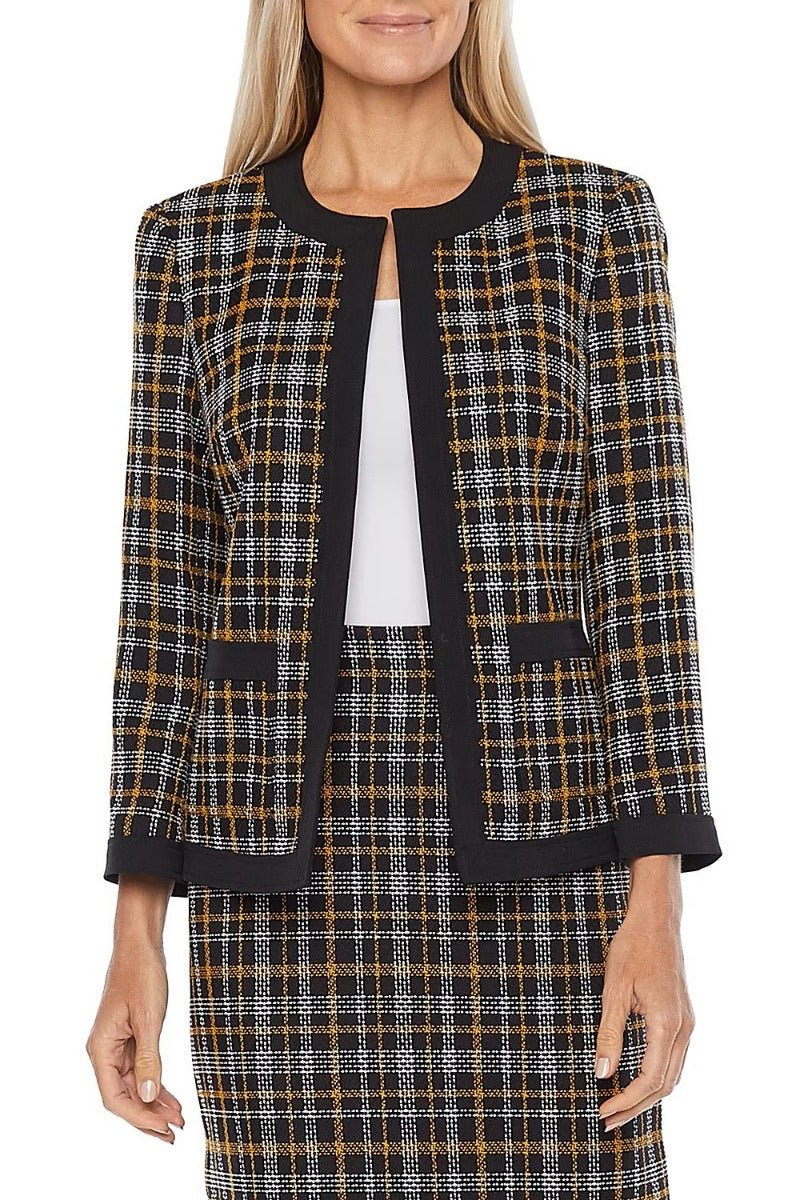Black Label by Evan Picone Open Front Long Sleeve 2 Front Slip Pockets Plaid Woven Jacket - Glamourous Grace