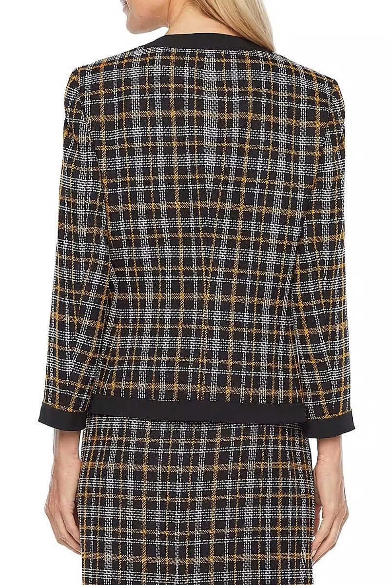 Black Label by Evan Picone Open Front Long Sleeve 2 Front Slip Pockets Plaid Woven Jacket - Glamourous Grace