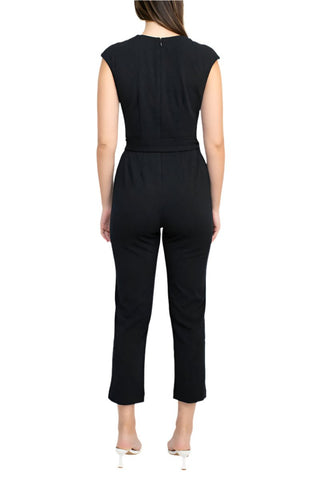 Nine West V - Neck Sleeveless Tie Waist Zipper Back Solid Crepe Jumpsuit with Pockets - Glamourous Grace