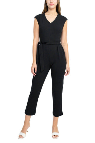 Nine West V - Neck Sleeveless Tie Waist Zipper Back Solid Crepe Jumpsuit with Pockets - Glamourous Grace
