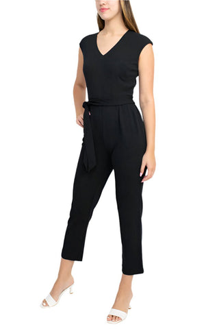 Nine West V - Neck Sleeveless Tie Waist Zipper Back Solid Crepe Jumpsuit with Pockets - Glamourous Grace