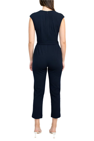 Nine West V - Neck Sleeveless Tie Waist Zipper Back Solid Crepe Jumpsuit with Pockets - Glamourous Grace