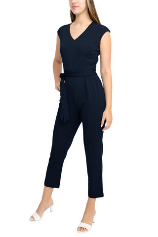 Nine West V - Neck Sleeveless Tie Waist Zipper Back Solid Crepe Jumpsuit with Pockets - Glamourous Grace