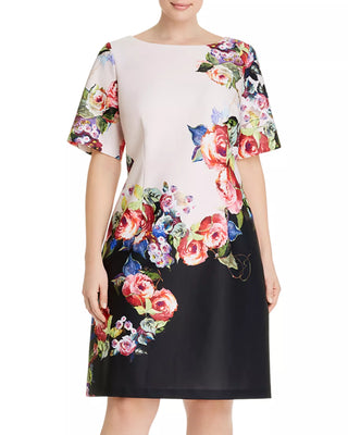 Adrianna Papell Boat Neck Short Sleeve Sheath Zipper Back Floral Print Jersey Dress - By Baano