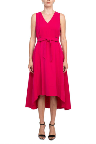 Emma & Michele V-Neck Sleeveless Tie Waist High-Low Hem Zipper Back Solid Maxi Scuba Dress - By Baano